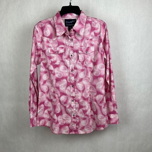 Wrangler Tops - Wrangler Snap Button Front Shirt Womens Size M Pink Paisley Western Rhinestone S